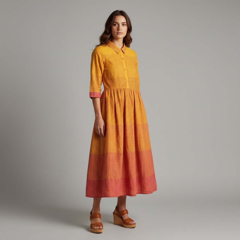 Aurelia Orange Cotton Button-Front Midi Dress Women’s S